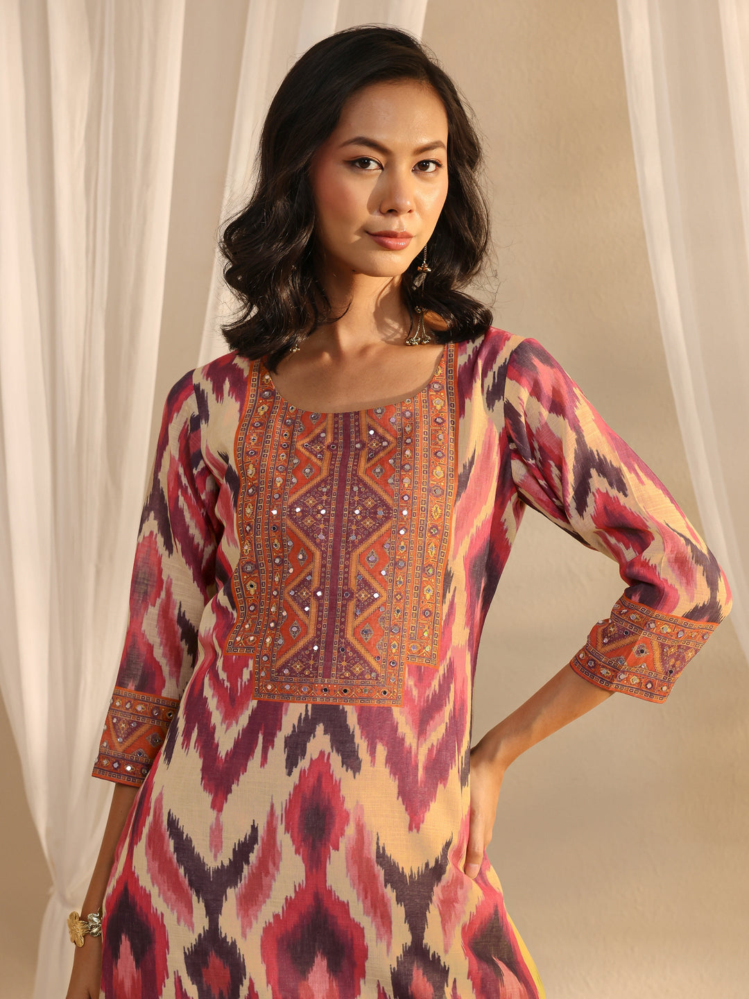 Multi Coloured Printed Cotton Blend Straight Suit Set With Dupatta