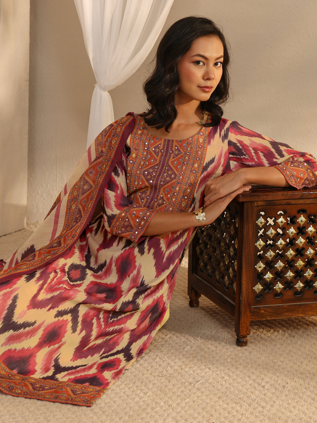 Multi Coloured Printed Cotton Blend Straight Suit Set With Dupatta