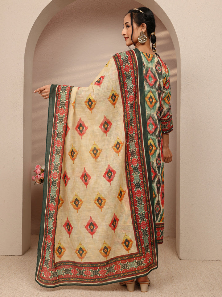 Multi Abstract Printed Cotton Blend Straight Suit Set With Dupatta