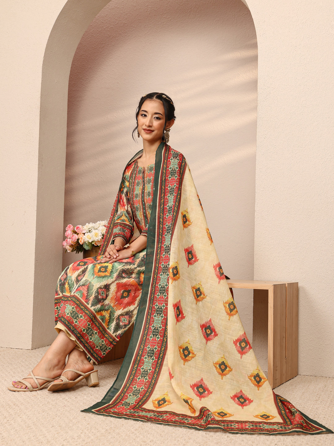 Multi Abstract Printed Cotton Blend Straight Suit Set With Dupatta
