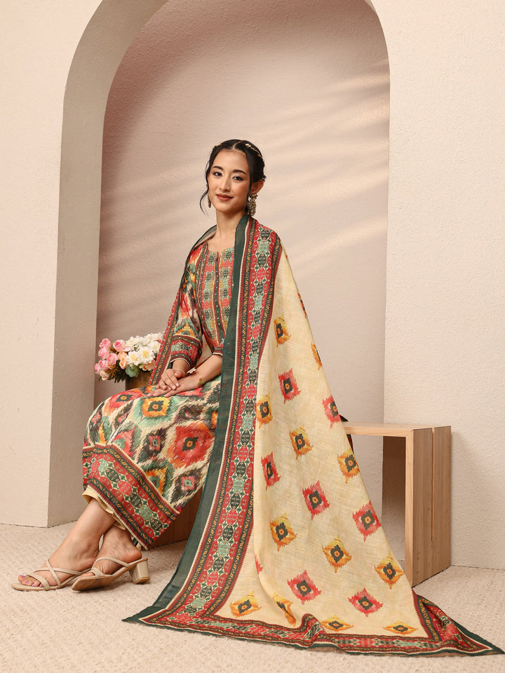 Multi Abstract Printed Cotton Blend Straight Suit Set With Dupatta