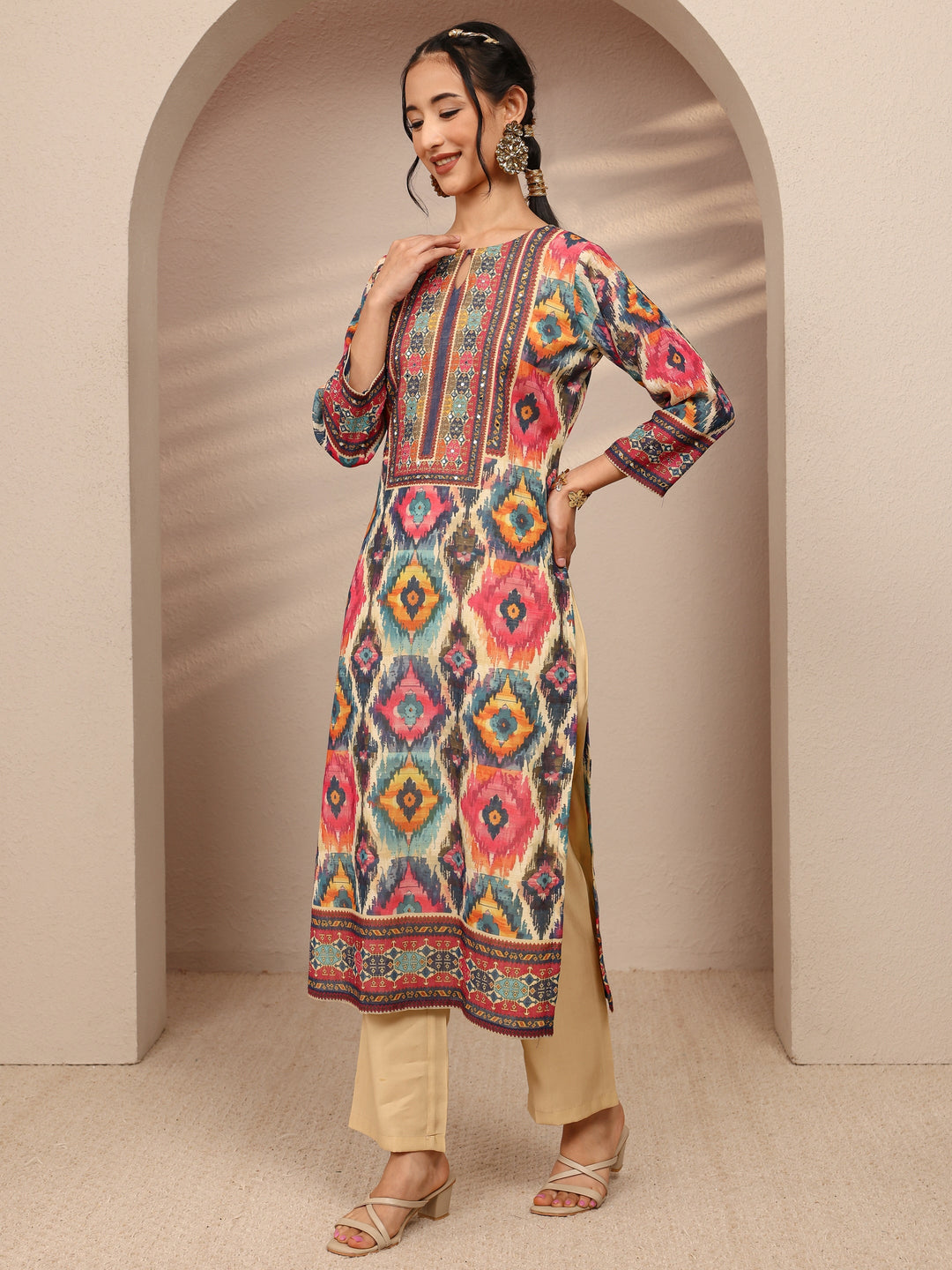 Multi Abstract Printed Cotton Blend Straight Suit Set With Dupatta
