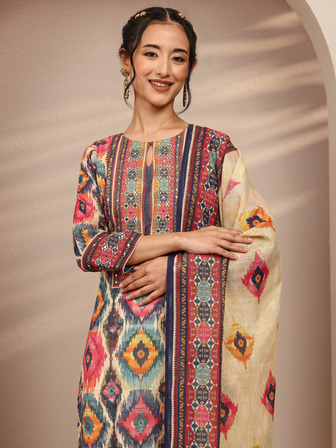 Multi Abstract Printed Cotton Blend Straight Suit Set With Dupatta
