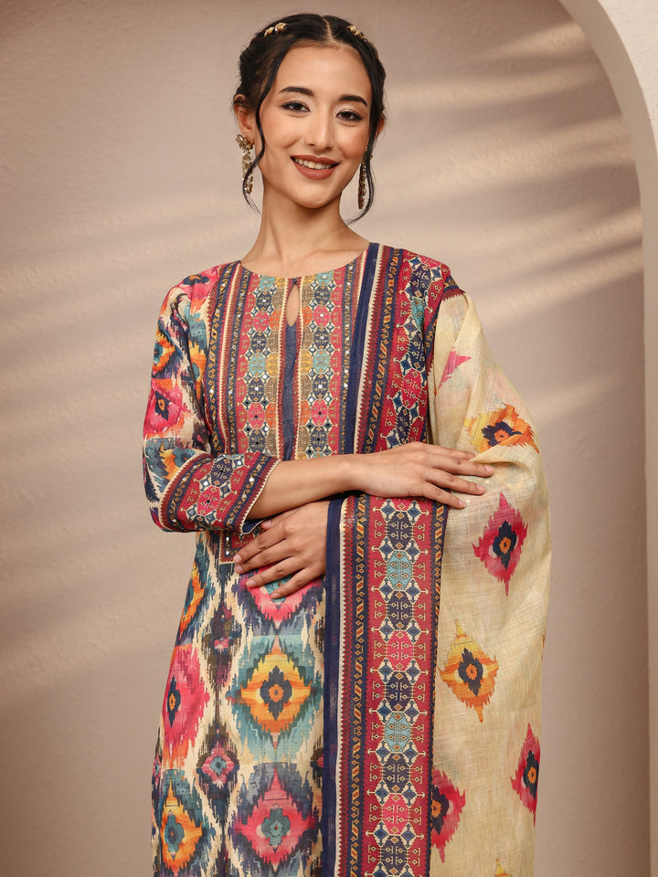 Multi Abstract Printed Cotton Blend Straight Suit Set With Dupatta