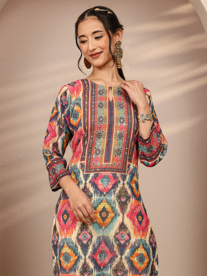 Multi Abstract Printed Cotton Blend Straight Suit Set With Dupatta
