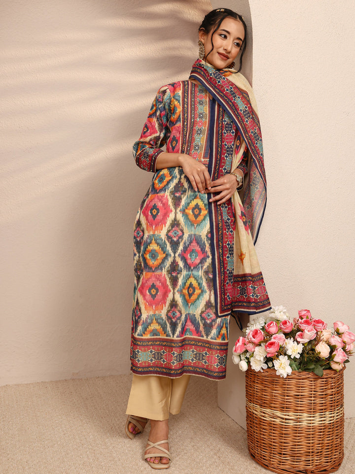 Multi Abstract Printed Cotton Blend Straight Suit Set With Dupatta