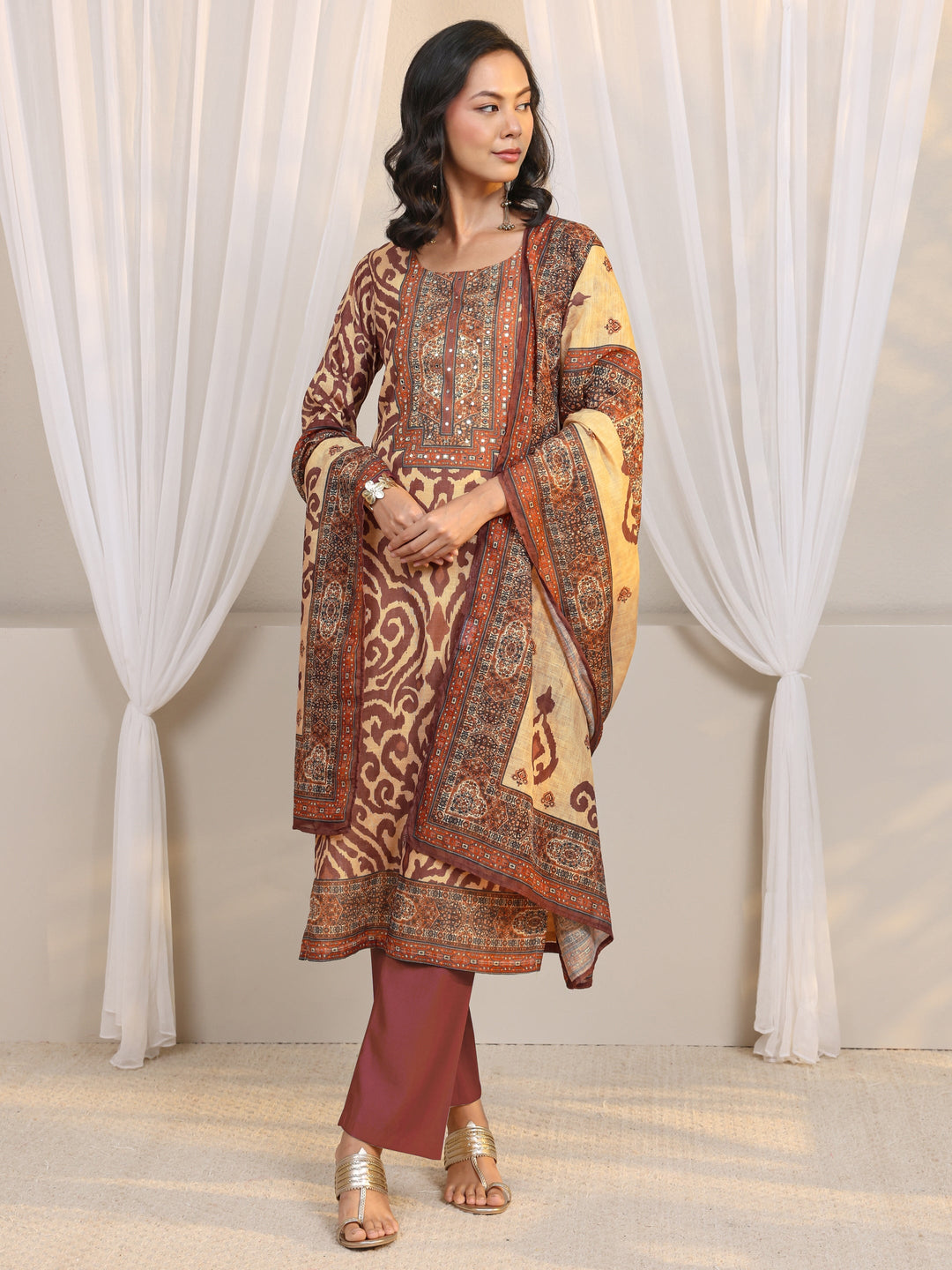 Beige Abstract Printed Cotton Blend Straight Suit Set With Dupatta