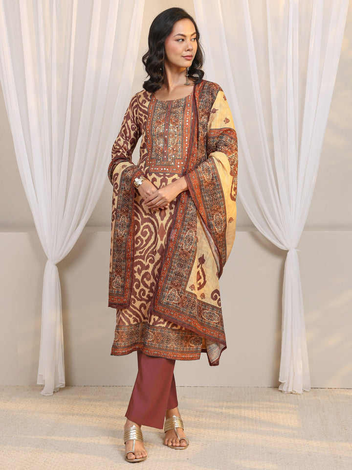 Beige Abstract Printed Cotton Blend Straight Suit Set With Dupatta