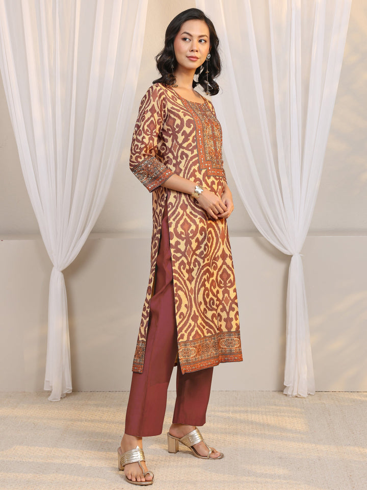 Beige Abstract Printed Cotton Blend Straight Suit Set With Dupatta