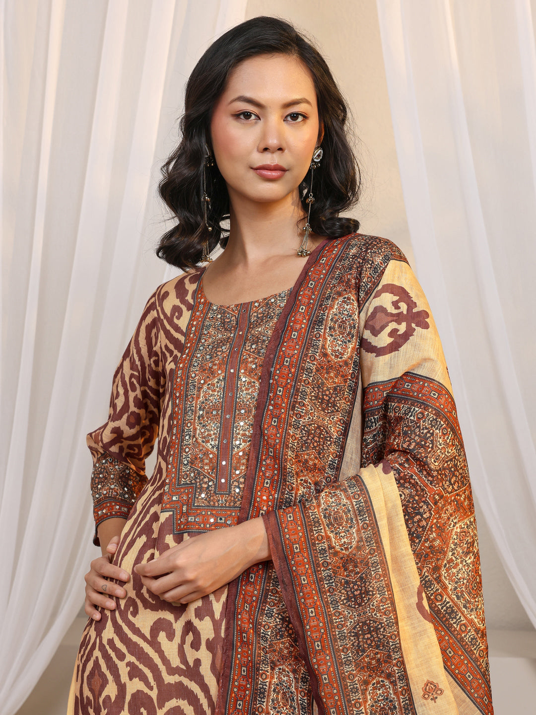 Beige Abstract Printed Cotton Blend Straight Suit Set With Dupatta