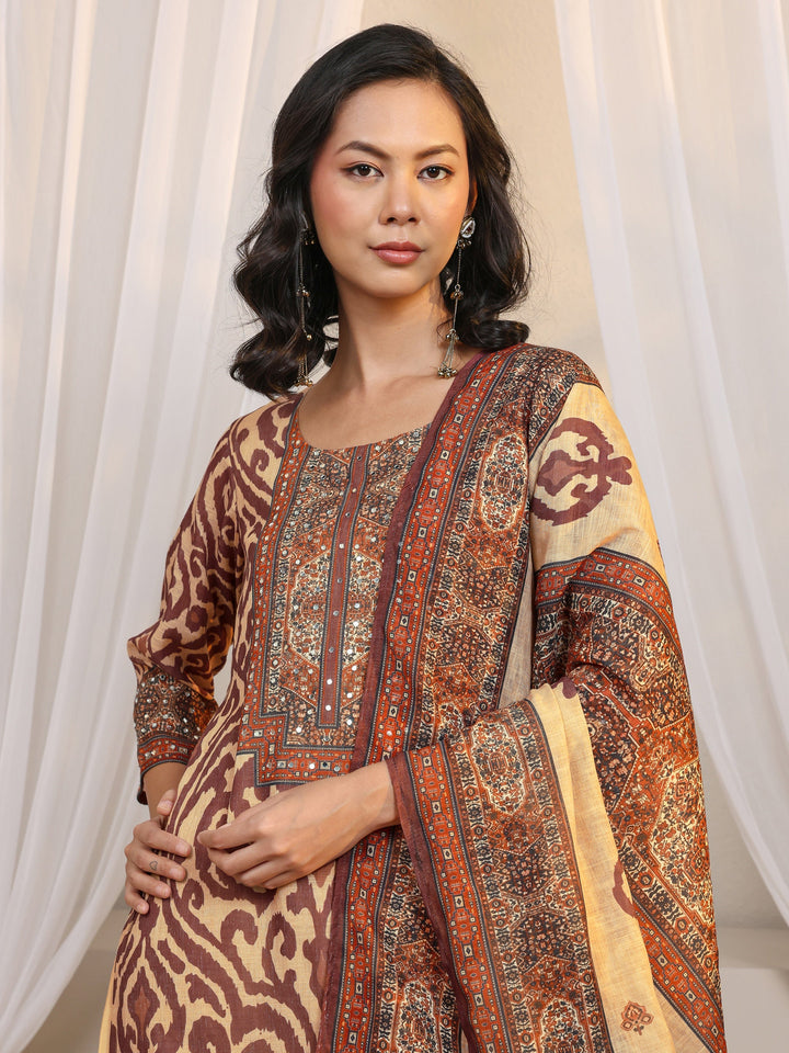 Beige Abstract Printed Cotton Blend Straight Suit Set With Dupatta