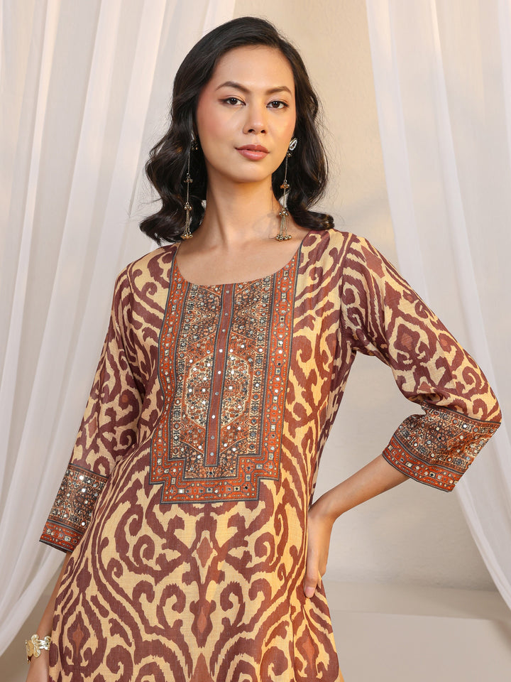 Beige Abstract Printed Cotton Blend Straight Suit Set With Dupatta
