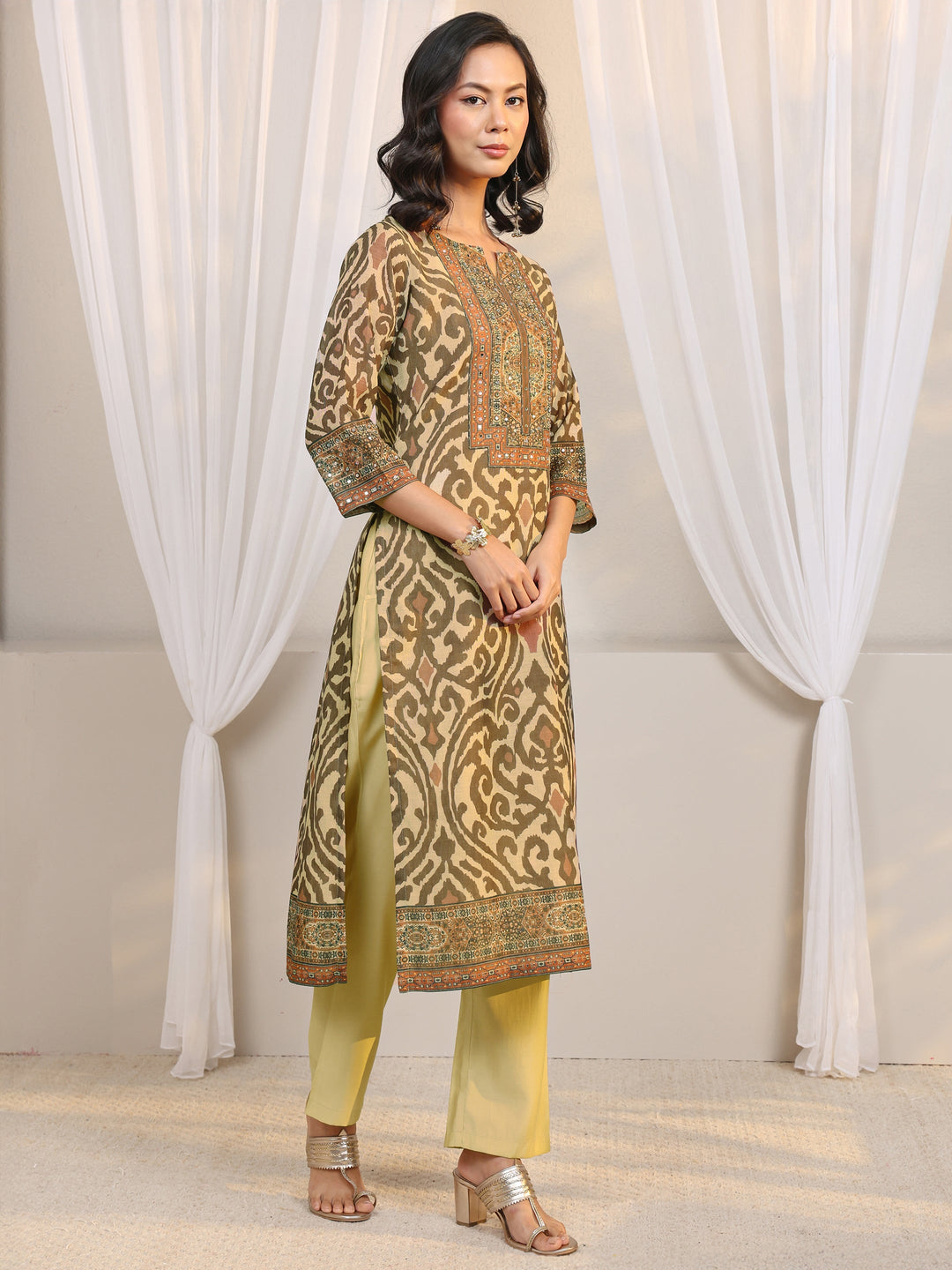 Beige Abstract Printed Cotton Blend Straight Suit Set With Dupatta