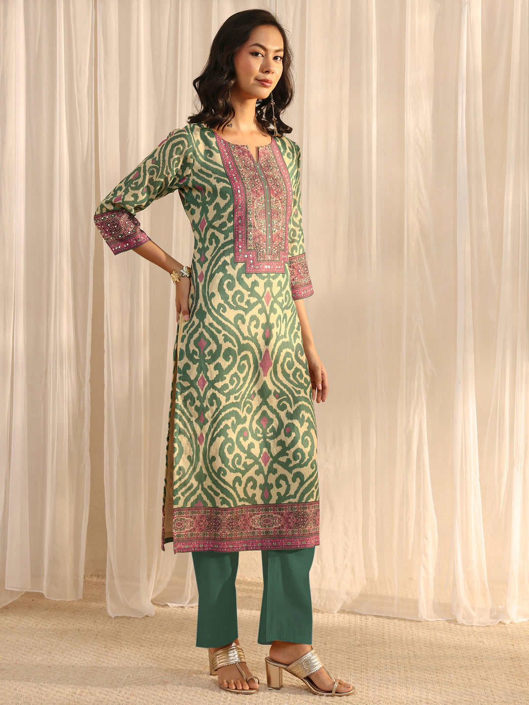 Beige Abstract Printed Cotton Blend Straight Suit Set With Dupatta