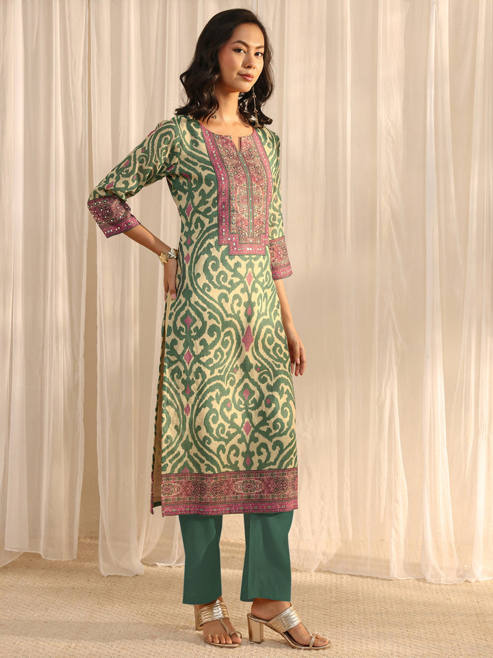 Beige Abstract Printed Cotton Blend Straight Suit Set With Dupatta