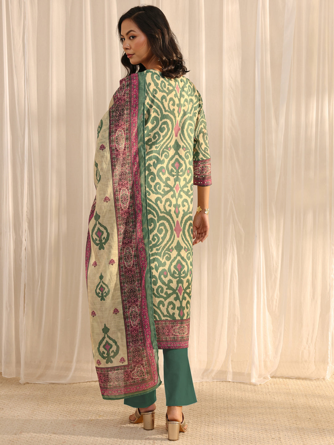 Beige Abstract Printed Cotton Blend Straight Suit Set With Dupatta