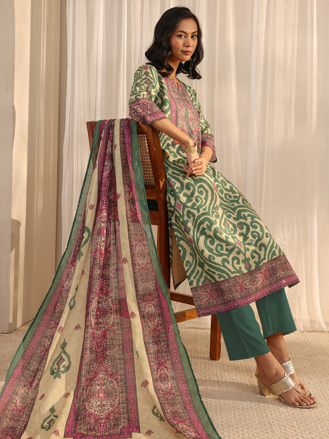 Beige Abstract Printed Cotton Blend Straight Suit Set With Dupatta