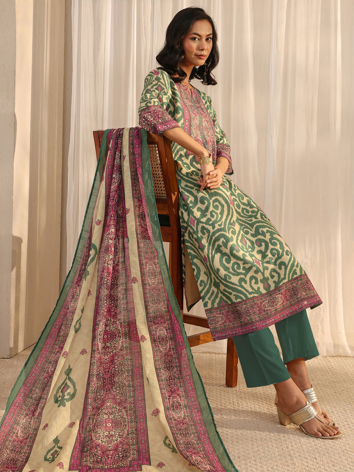 Beige Abstract Printed Cotton Blend Straight Suit Set With Dupatta