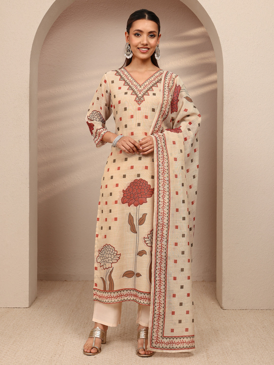 Beige Multi Printed Silk Blend Straight Suit Set With Dupatta
