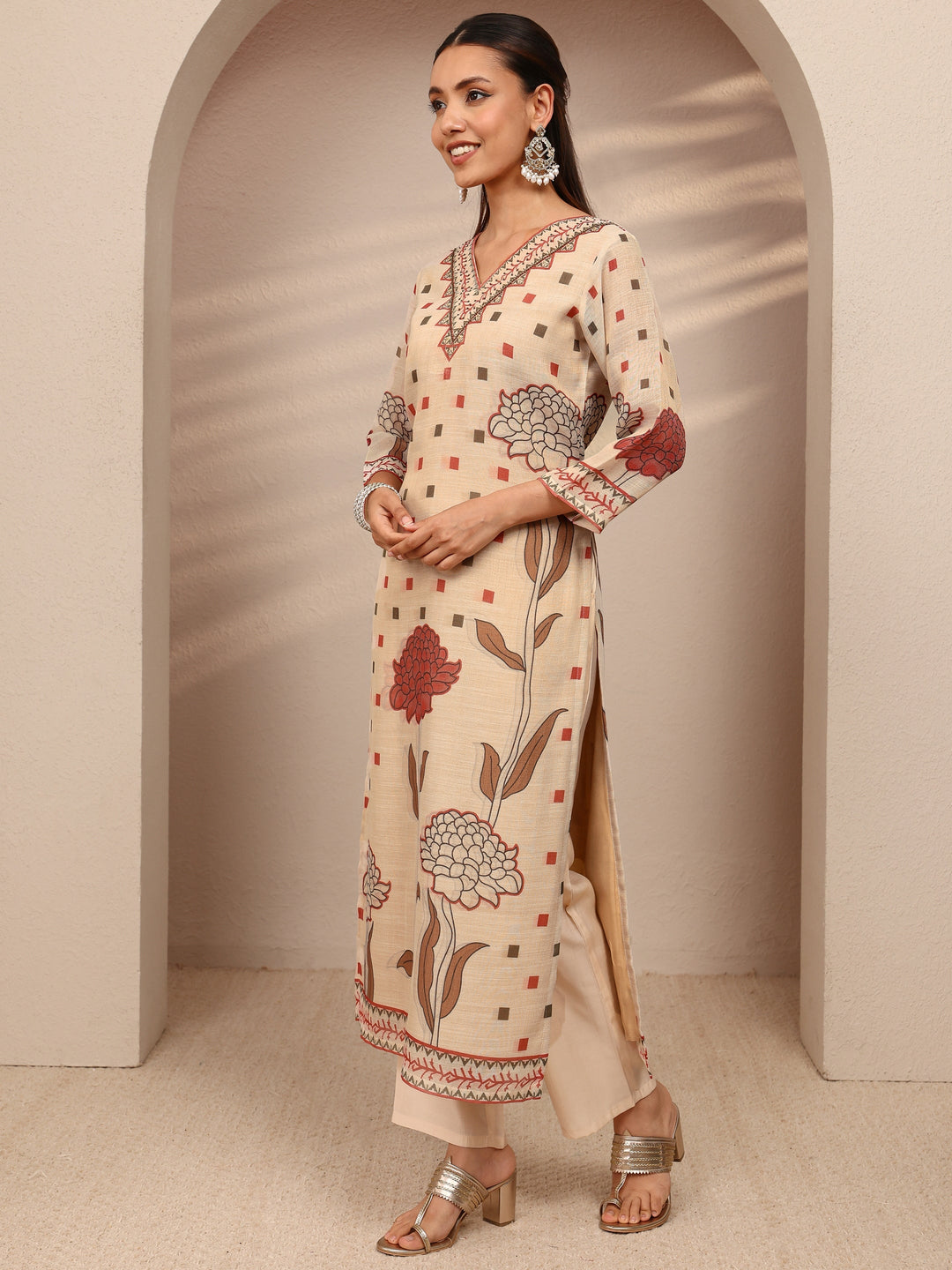 Beige Multi Printed Silk Blend Straight Suit Set With Dupatta