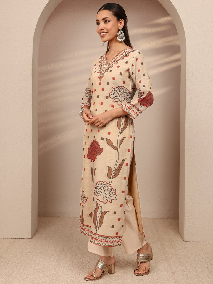 Beige Multi Printed Silk Blend Straight Suit Set With Dupatta