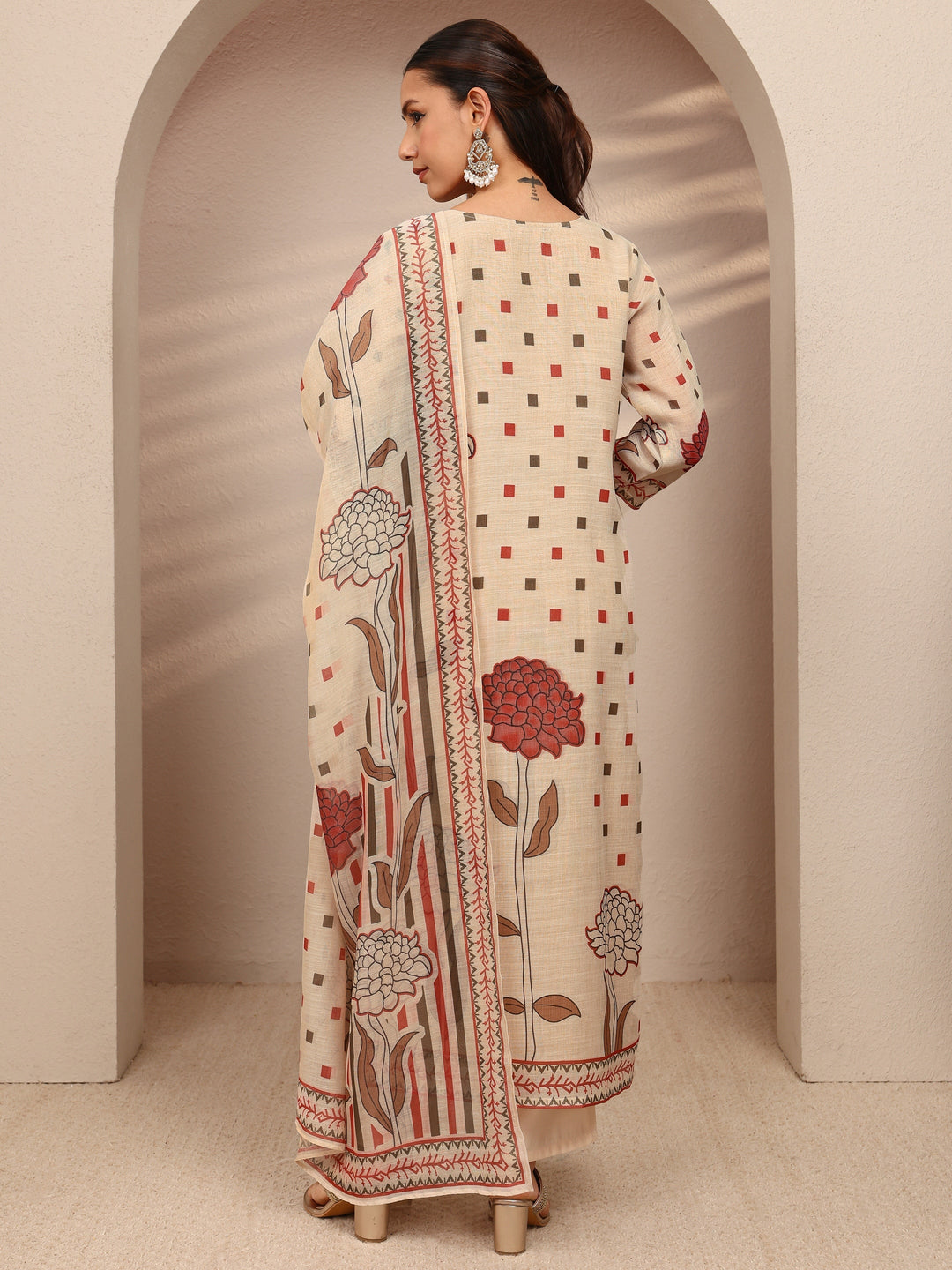 Beige Multi Printed Silk Blend Straight Suit Set With Dupatta