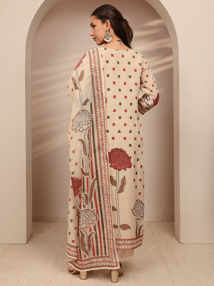 Beige Multi Printed Silk Blend Straight Suit Set With Dupatta