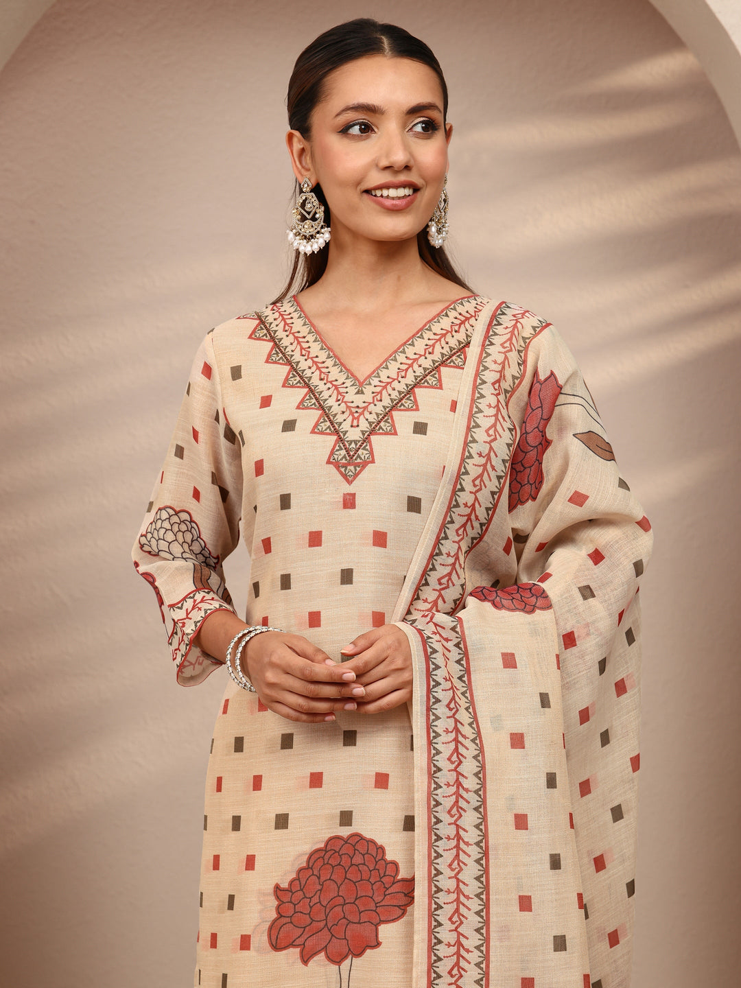 Beige Multi Printed Silk Blend Straight Suit Set With Dupatta