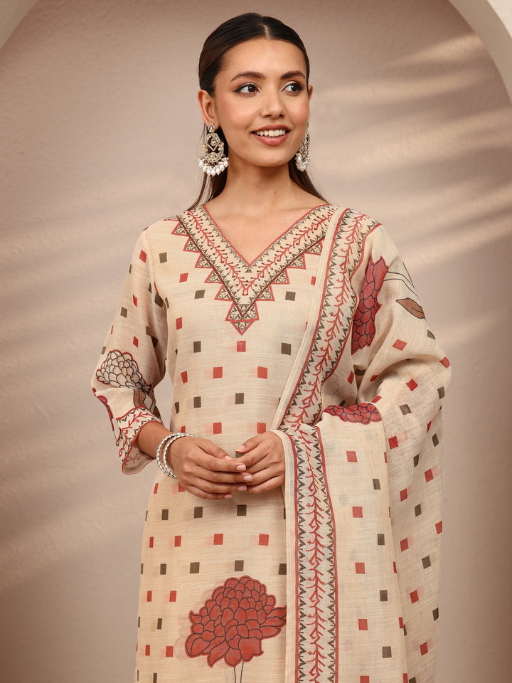Beige Multi Printed Silk Blend Straight Suit Set With Dupatta