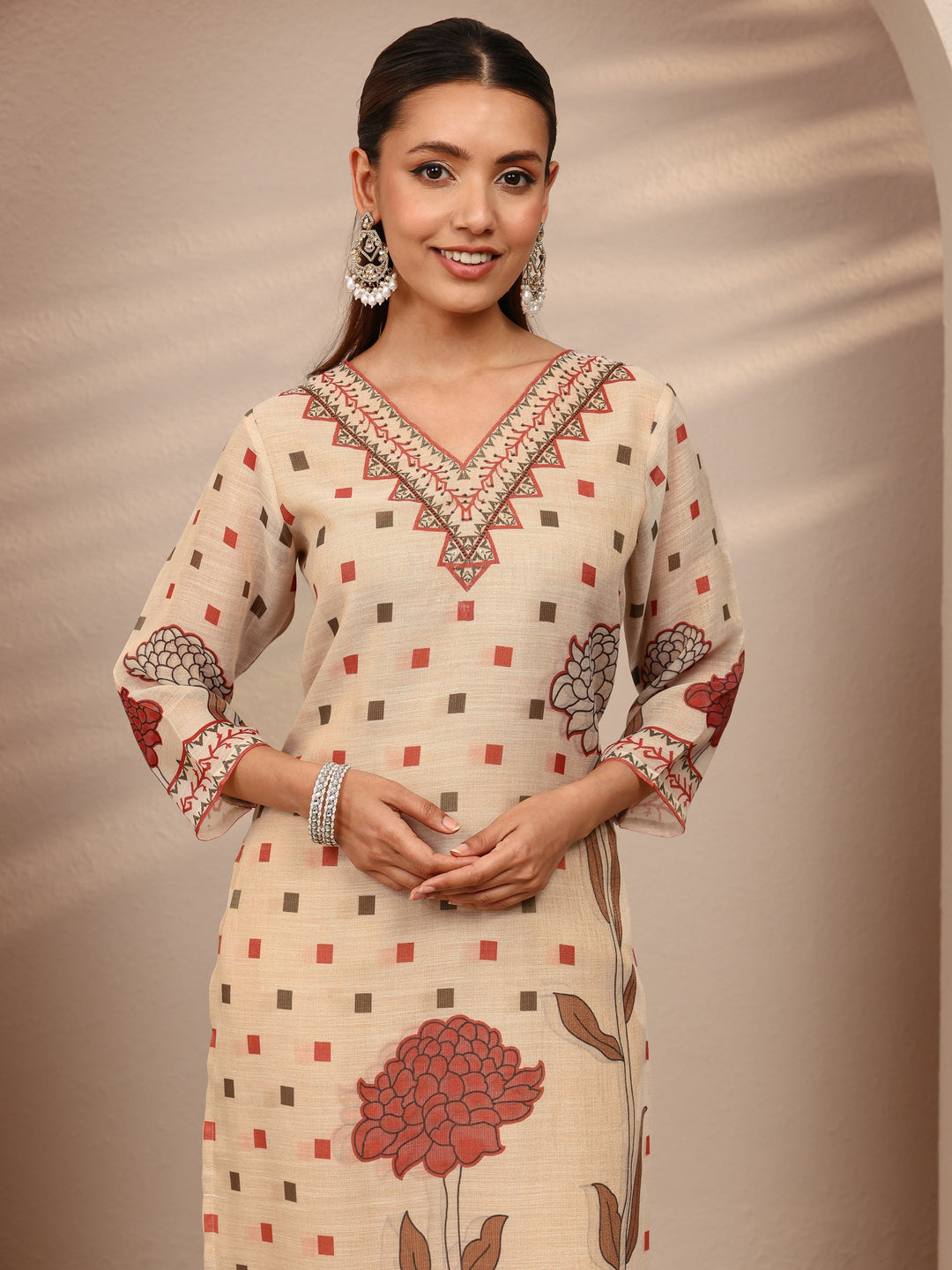 Beige Multi Printed Silk Blend Straight Suit Set With Dupatta