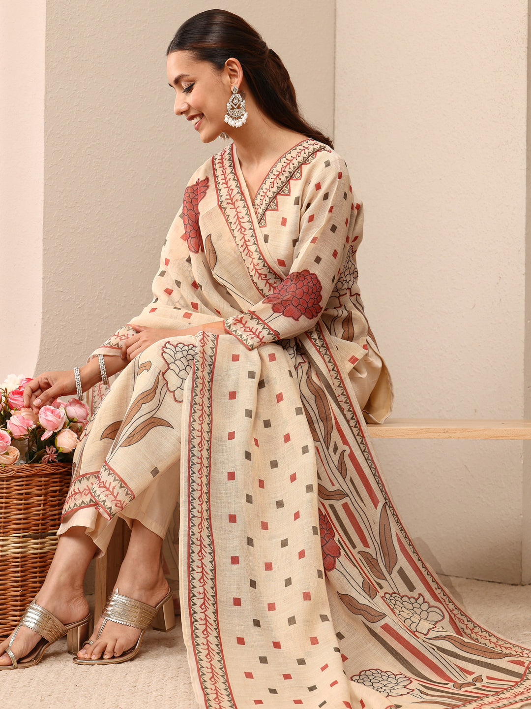 Beige Multi Printed Silk Blend Straight Suit Set With Dupatta