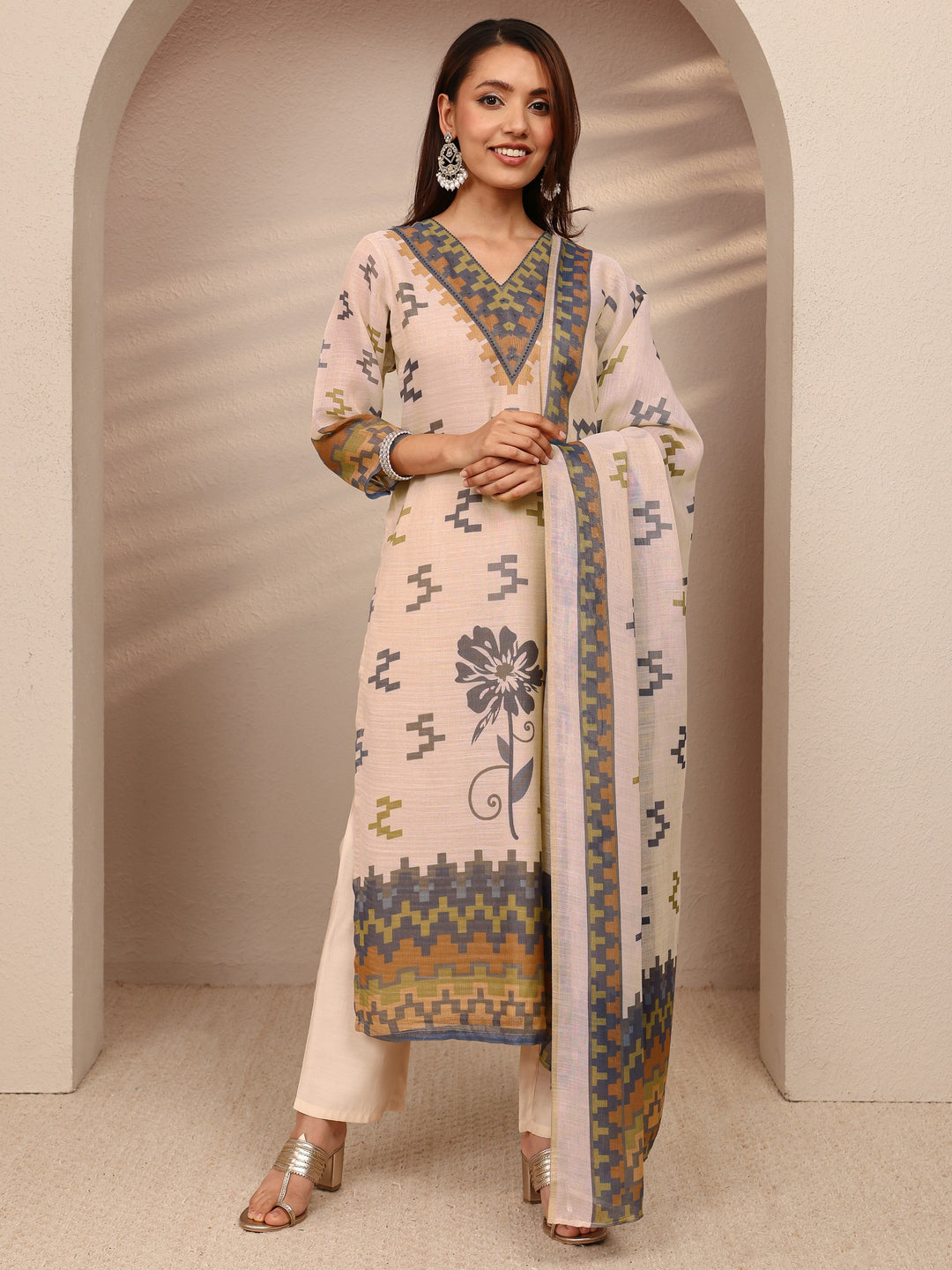 Beige Multi Printed Silk Blend Straight Suit Set With Dupatta