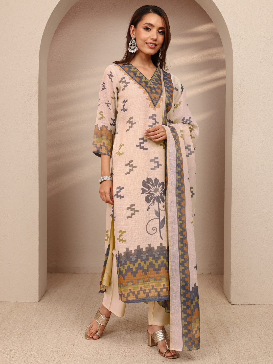 Beige Multi Printed Silk Blend Straight Suit Set With Dupatta