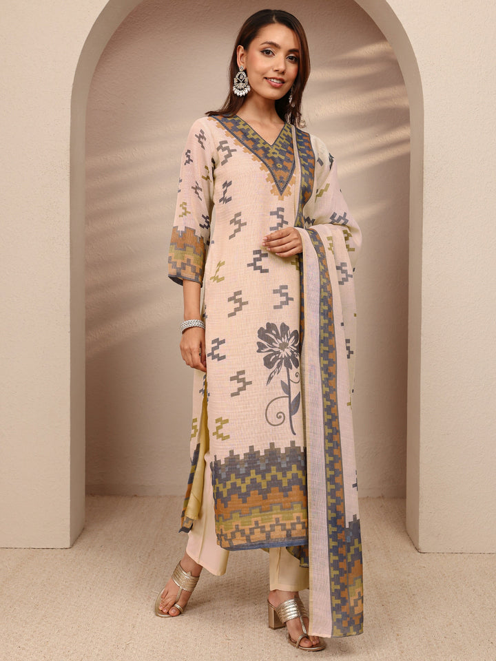 Beige Multi Printed Silk Blend Straight Suit Set With Dupatta