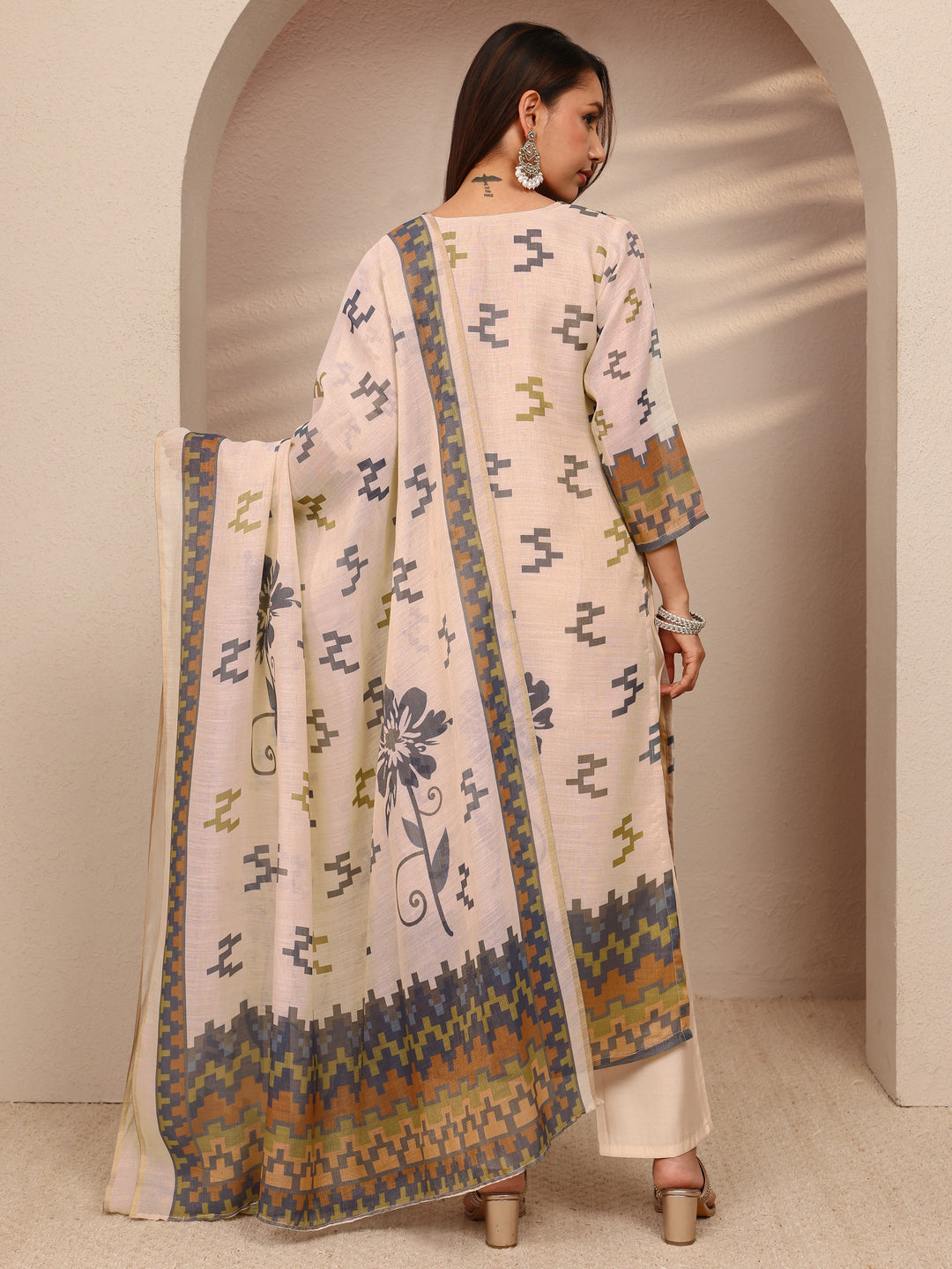 Beige Multi Printed Silk Blend Straight Suit Set With Dupatta