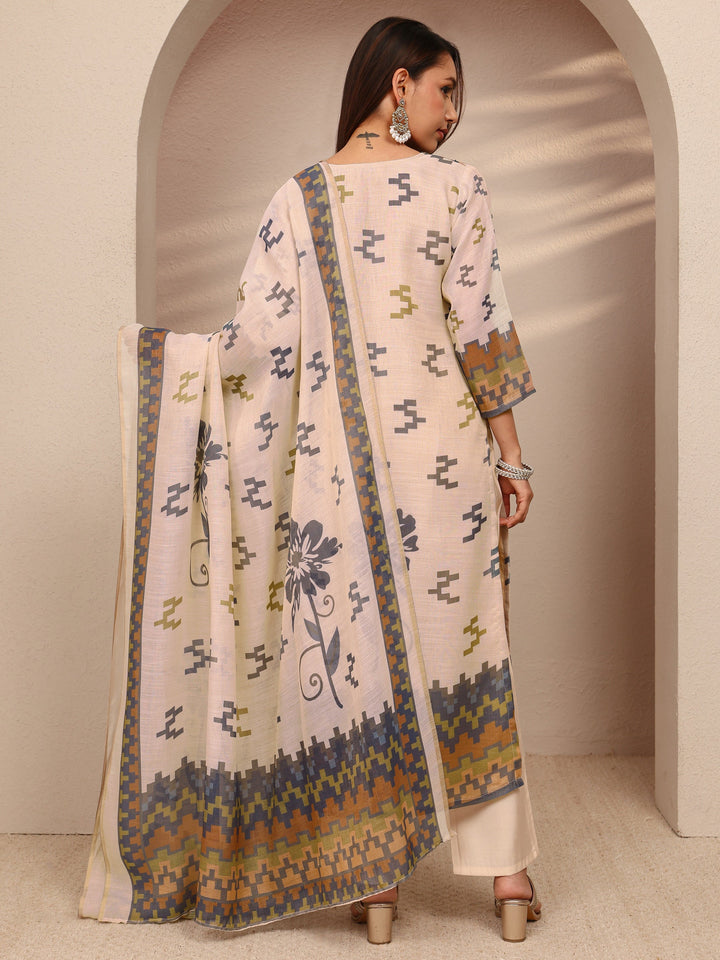 Beige Multi Printed Silk Blend Straight Suit Set With Dupatta