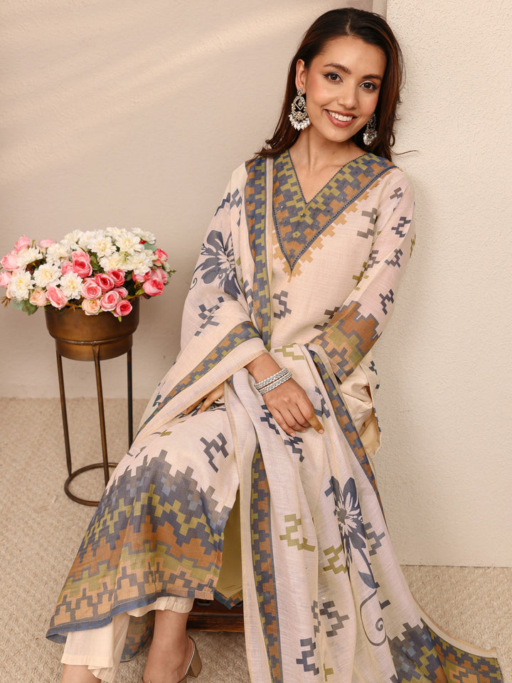 Beige Multi Printed Silk Blend Straight Suit Set With Dupatta