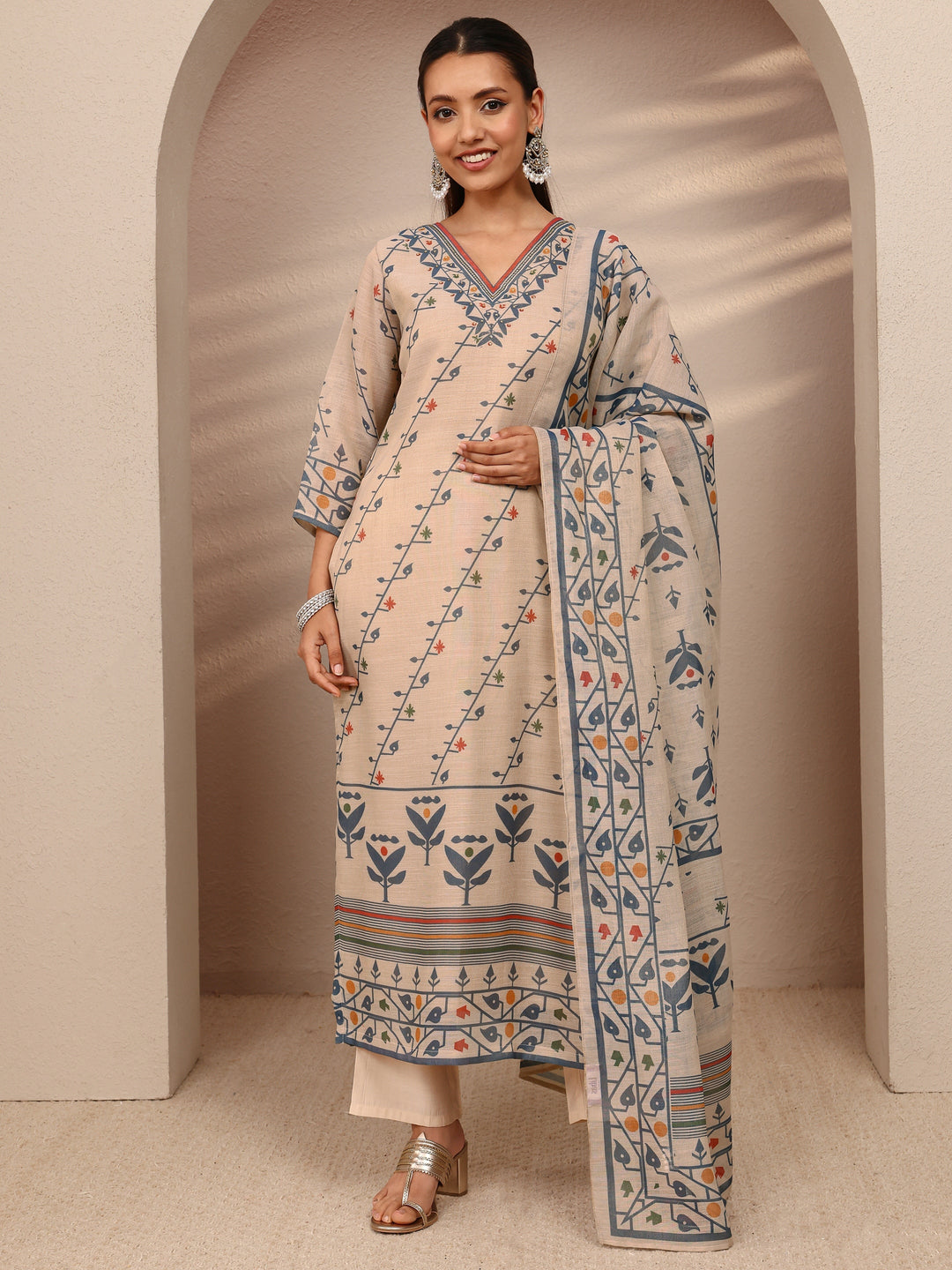 Beige Multi Printed Silk Blend Straight Suit Set With Dupatta
