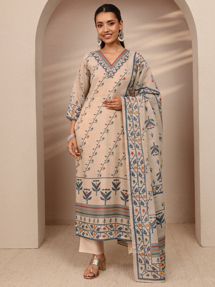 Beige Multi Printed Silk Blend Straight Suit Set With Dupatta