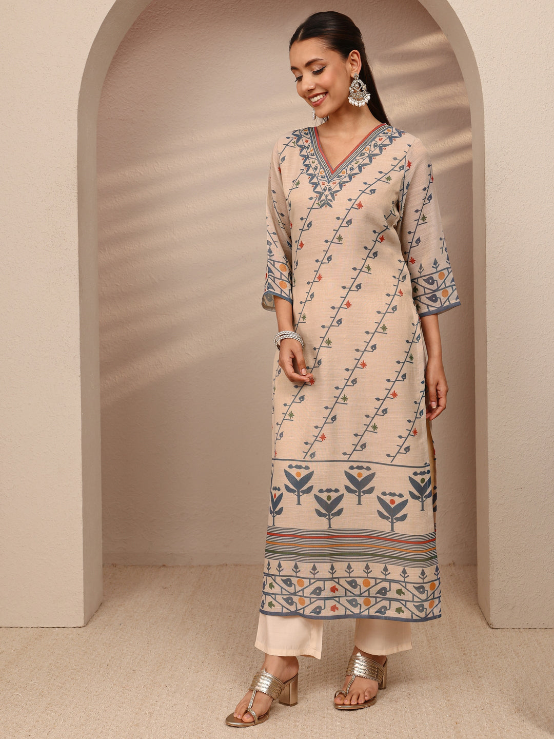 Beige Multi Printed Silk Blend Straight Suit Set With Dupatta