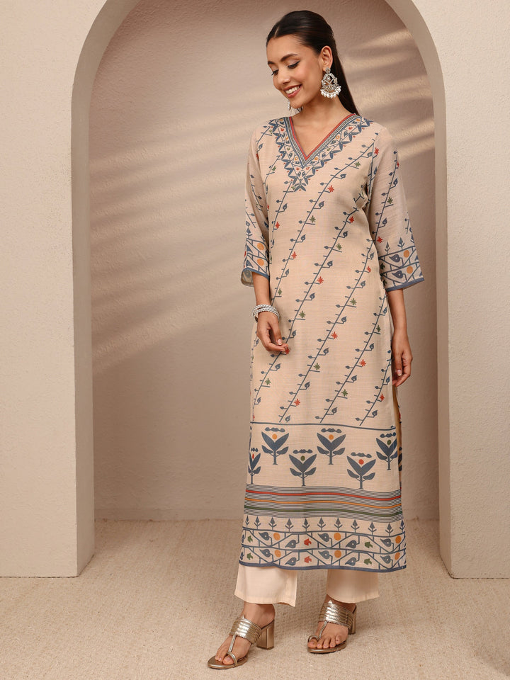 Beige Multi Printed Silk Blend Straight Suit Set With Dupatta