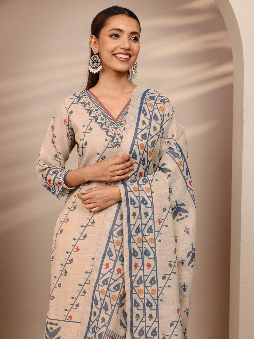 Beige Multi Printed Silk Blend Straight Suit Set With Dupatta