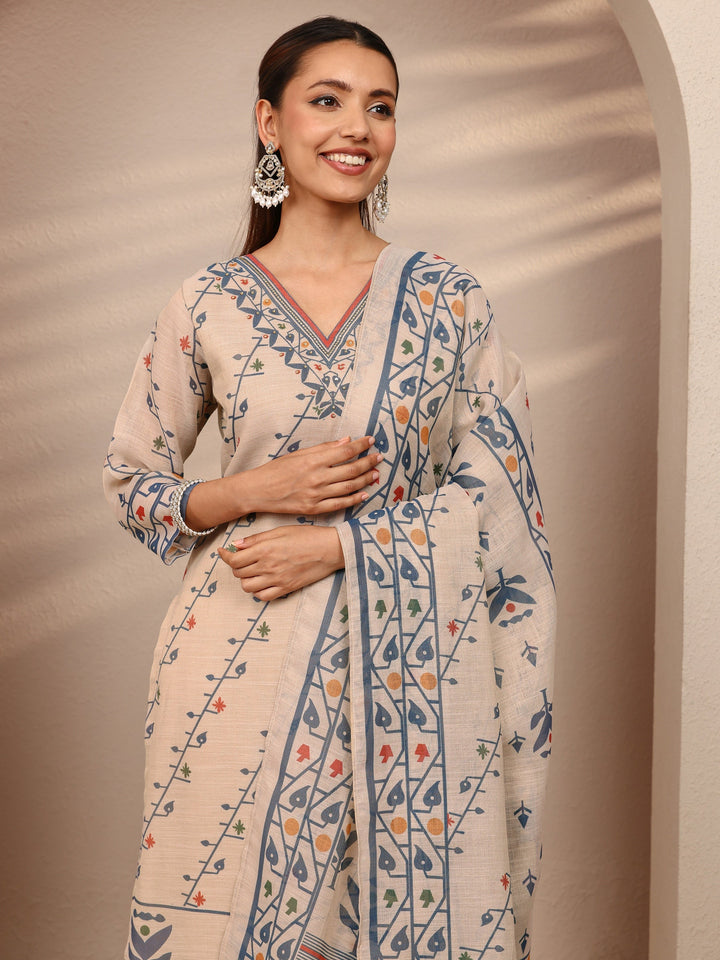Beige Multi Printed Silk Blend Straight Suit Set With Dupatta