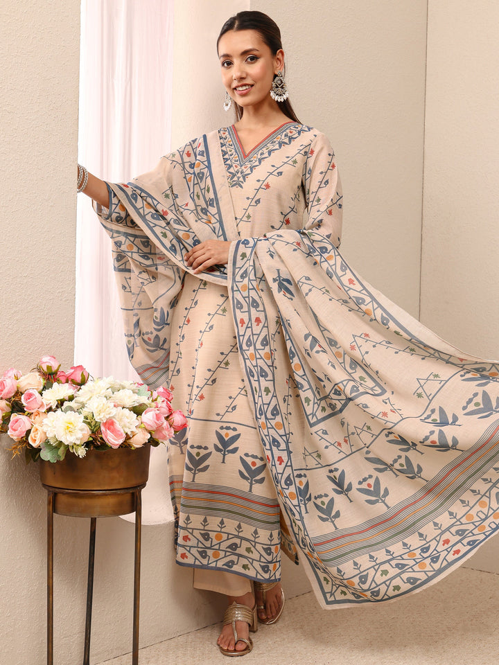 Beige Multi Printed Silk Blend Straight Suit Set With Dupatta
