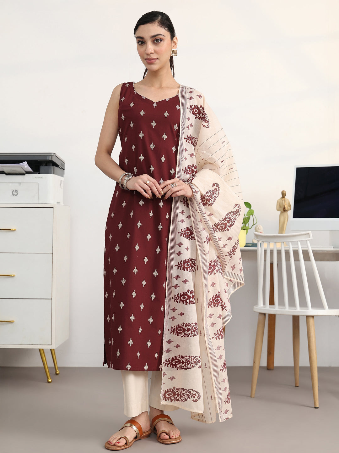 Libas Maroon Ethnic Motifs Printed Cotton Blend Straight Suit Set With Dupatta