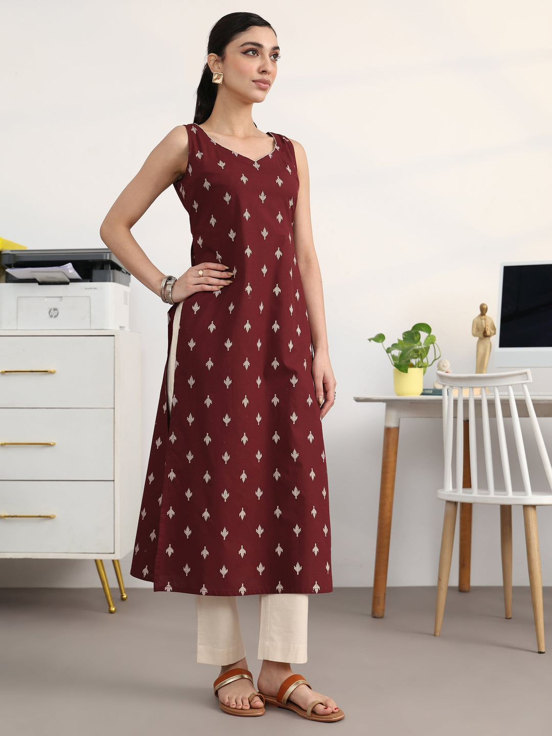Libas Maroon Ethnic Motifs Printed Cotton Blend Straight Suit Set With Dupatta