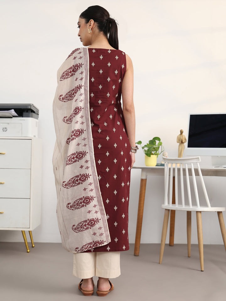 Libas Maroon Ethnic Motifs Printed Cotton Blend Straight Suit Set With Dupatta