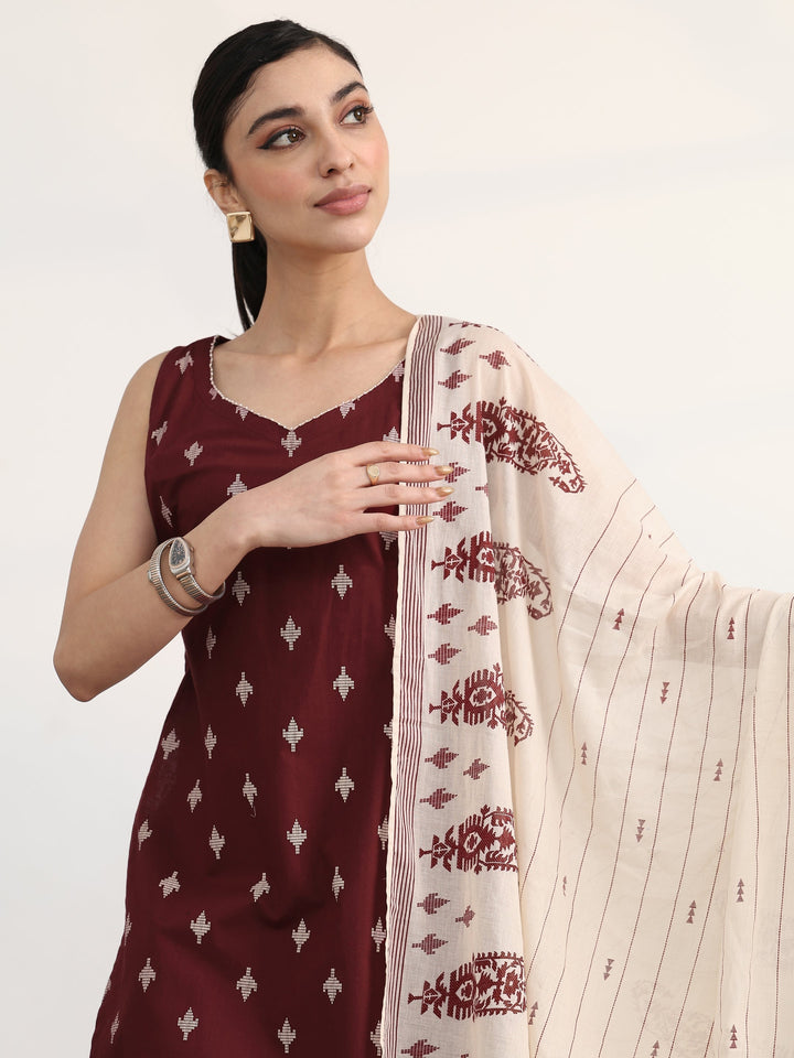 Libas Maroon Ethnic Motifs Printed Cotton Blend Straight Suit Set With Dupatta