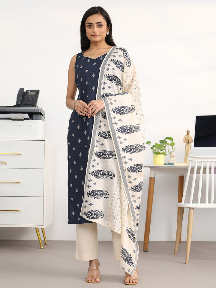 Libas Navy Blue Ethnic Motifs Woven Design Cotton Blend A-Line Kurta Set