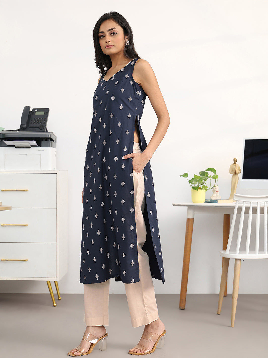 Libas Navy Blue Ethnic Motifs Woven Design Cotton Blend A-Line Kurta Set